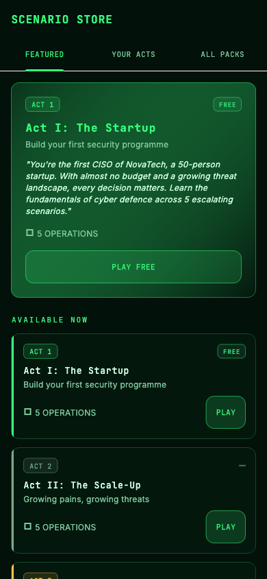 Scenario store screen for browsing missions